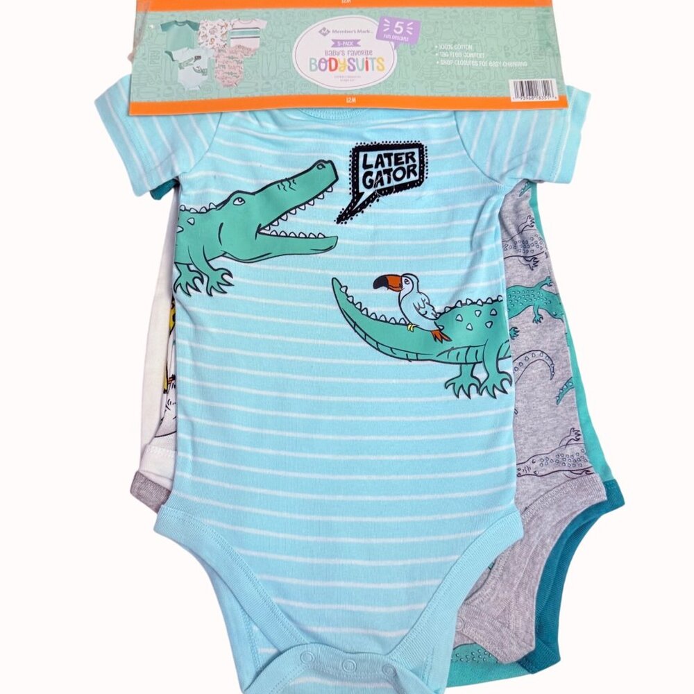 Babys Favorite Bodysuits Set of 5 Alligator 12M Cotton Snap Closure Baby Boy